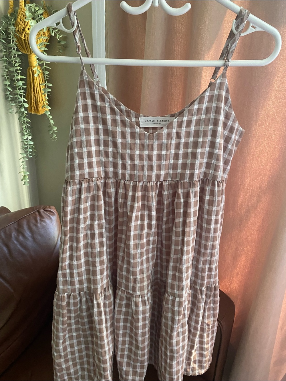 Nectar Clothing Tan Gingham Tiered Mini Dress